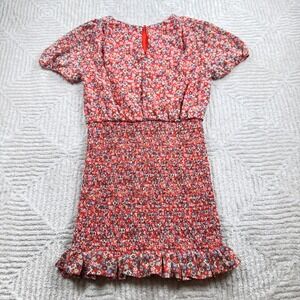HYFVE Floral Mini Dress Women's Large Red Smocked Ruffle Cottagecore Romantic